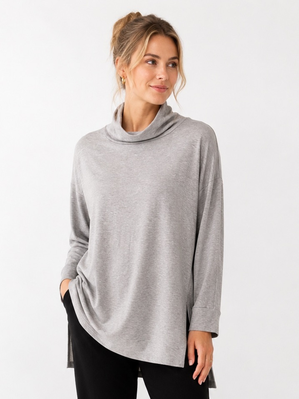 EILEEN FISHER Petite Cowl Neck Tunic Top PS Gray Tencel